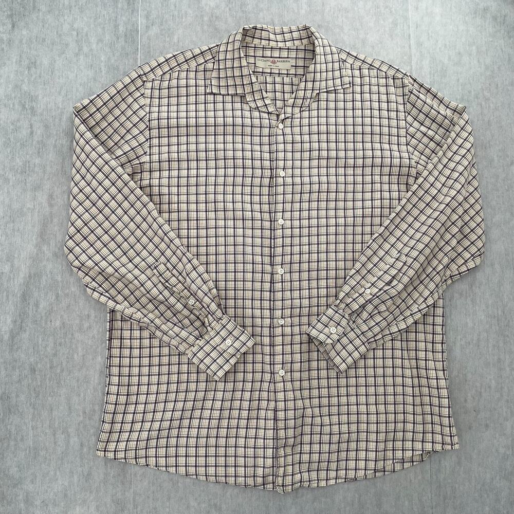 Luciano Barbera Shirt Adult Large Tan Plaid Button Up Long Sleeve Italy Mens L